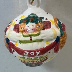 Hand Painted Ceramic Joy Angel Fruit Basket Christmas Ornament  3.5"